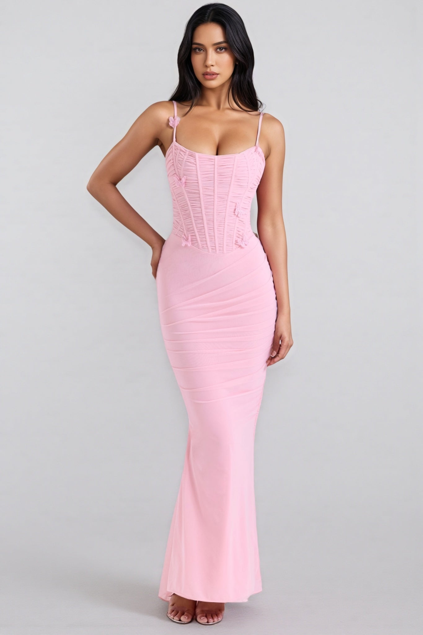 Ursin Pink Stretch Mesh Butterfly Maxi Dress