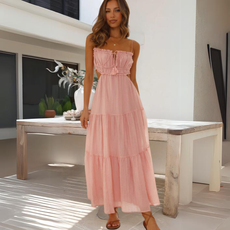 Smocked Back Tie Cut Out Tiered Spaghetti Strap Crinkle Gauze Maxi Dress
