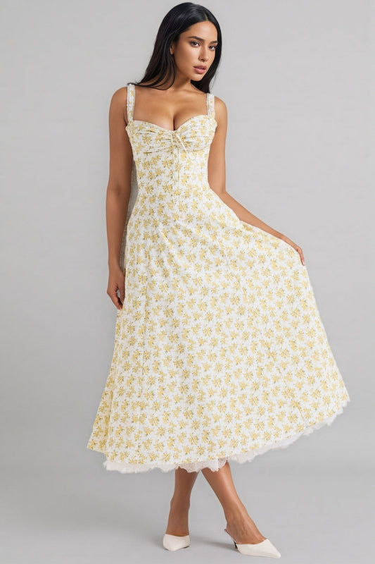 Emork White Vintage Floral Print Cotton Midi Dress
