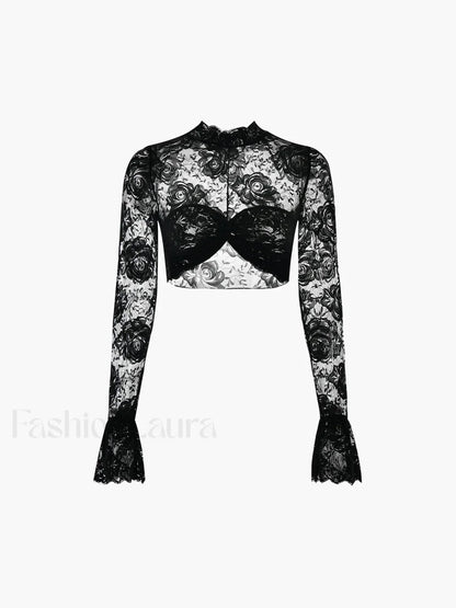 Rose Lace Mesh Trendy Mock Neck Crop Top