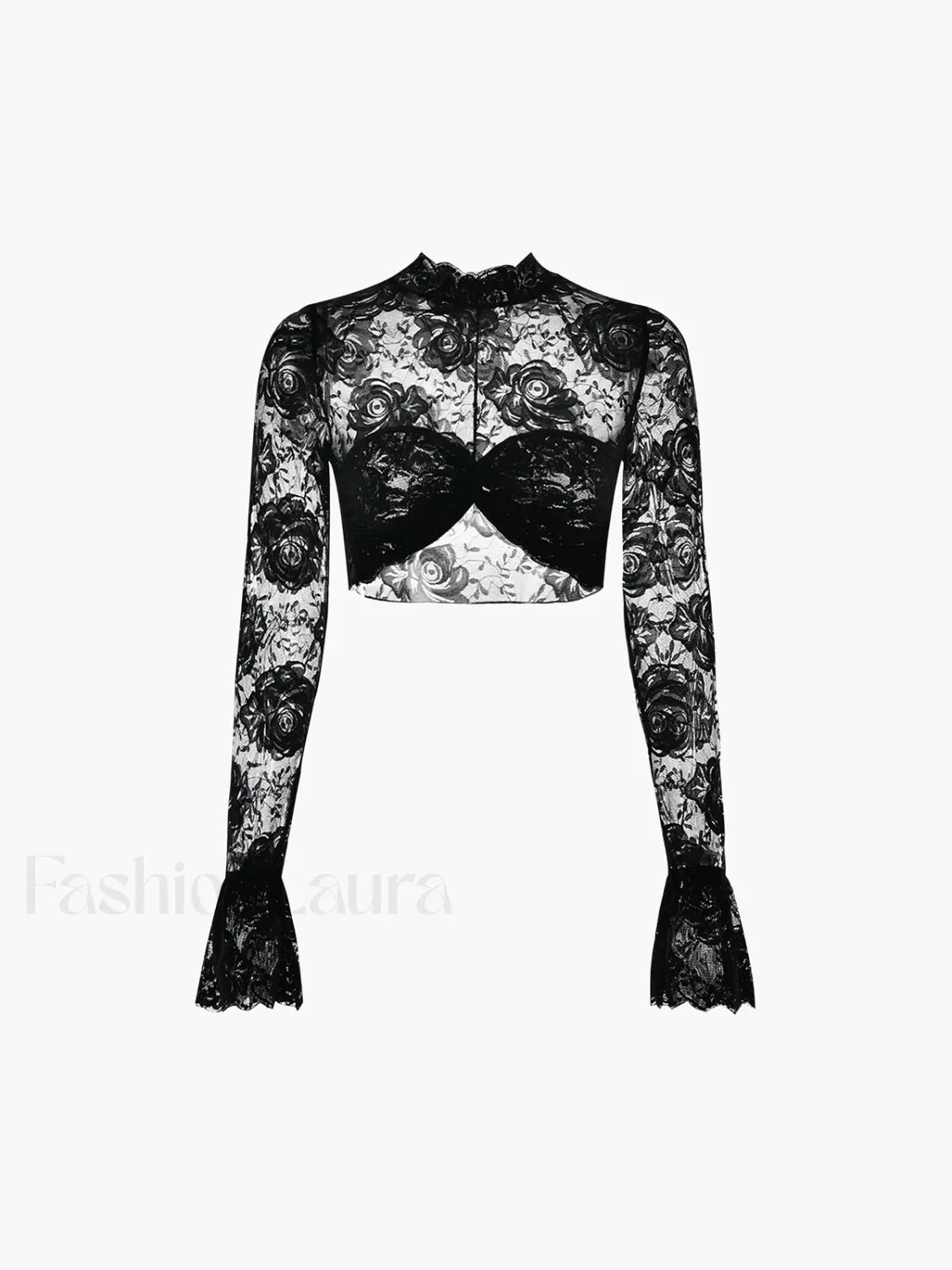 Rose Lace Mesh Trendy Mock Neck Crop Top
