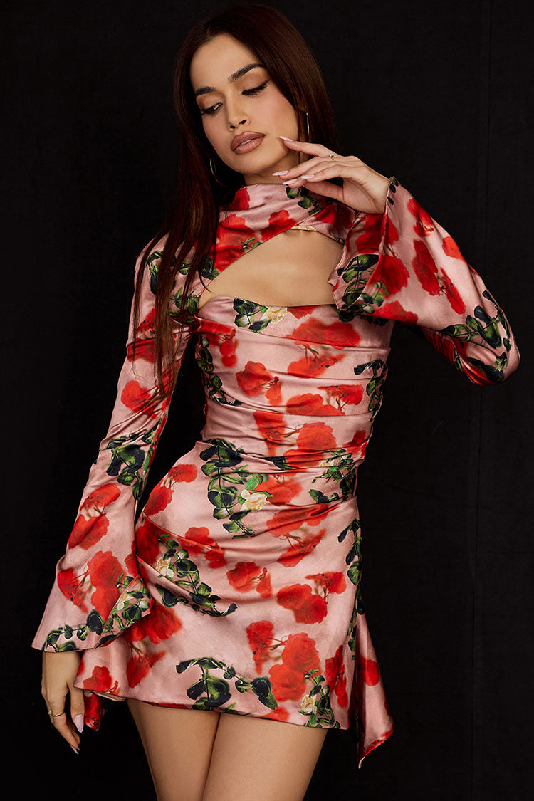 Botanical Floral Mock Neck Crescent Cutout Bell Sleeve Mini Dress