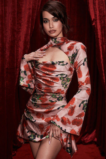 Botanical Floral Mock Neck Crescent Cutout Bell Sleeve Mini Dress