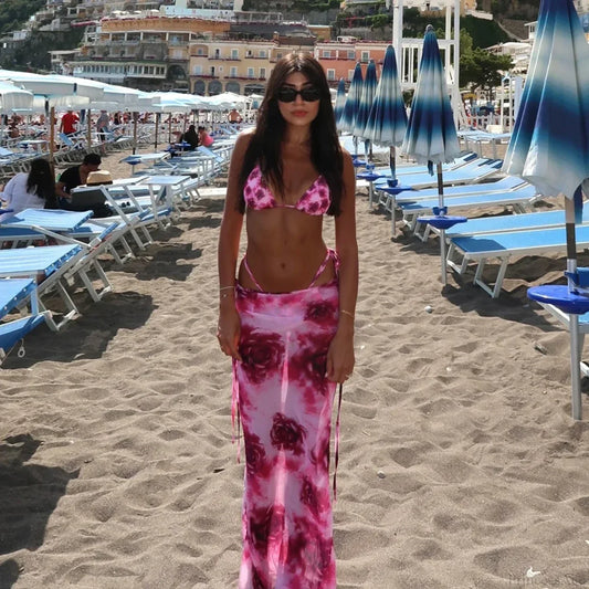 Rose Red Micro Skirt Three Piece Swimsuit