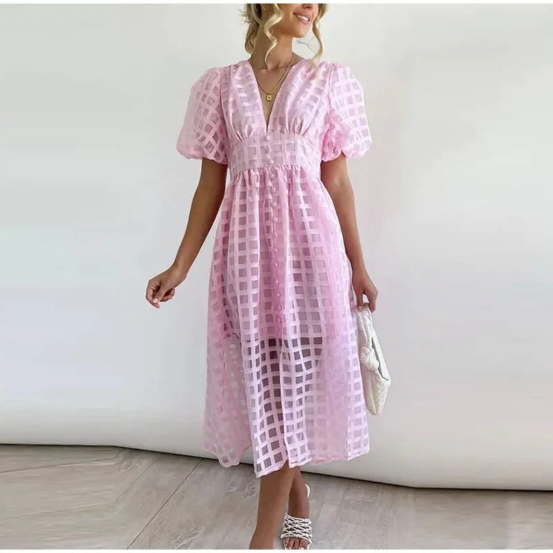 Plaid Check Deep V-Neck Puff Sleeve Button-Front A-Line Midi Dress