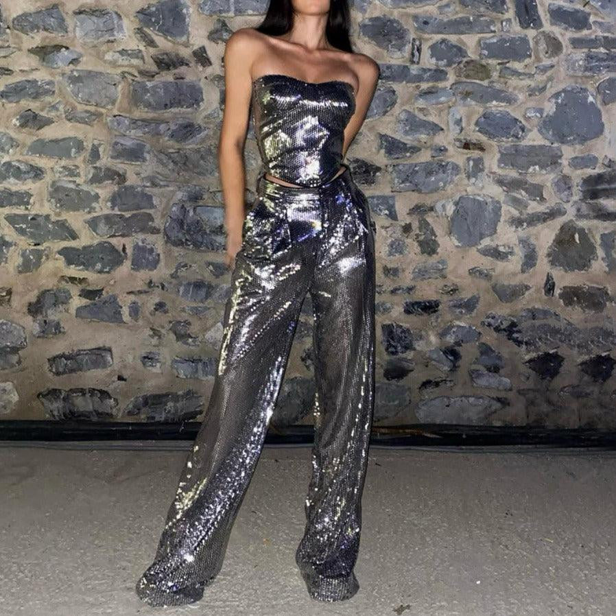 KittenAlarm - Rosie Sequin Cropped Top & Flared Pants Set