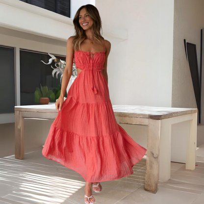 Smocked Back Tie Cut Out Tiered Spaghetti Strap Crinkle Gauze Maxi Dress