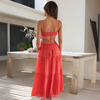 Smocked Back Tie Cut Out Tiered Spaghetti Strap Crinkle Gauze Maxi Dress