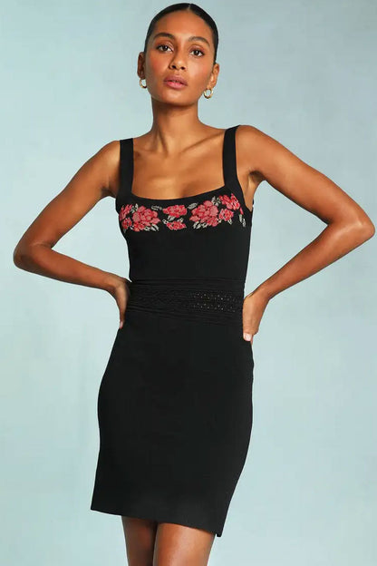 Embroidered Floral Square Neck Pointelle Waist Knit Mini Dress