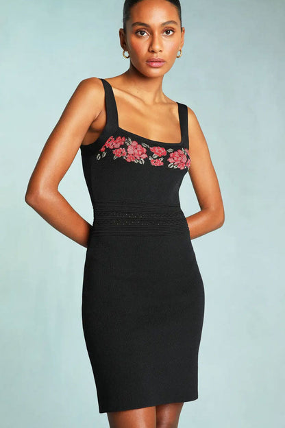Embroidered Floral Square Neck Pointelle Waist Knit Mini Dress