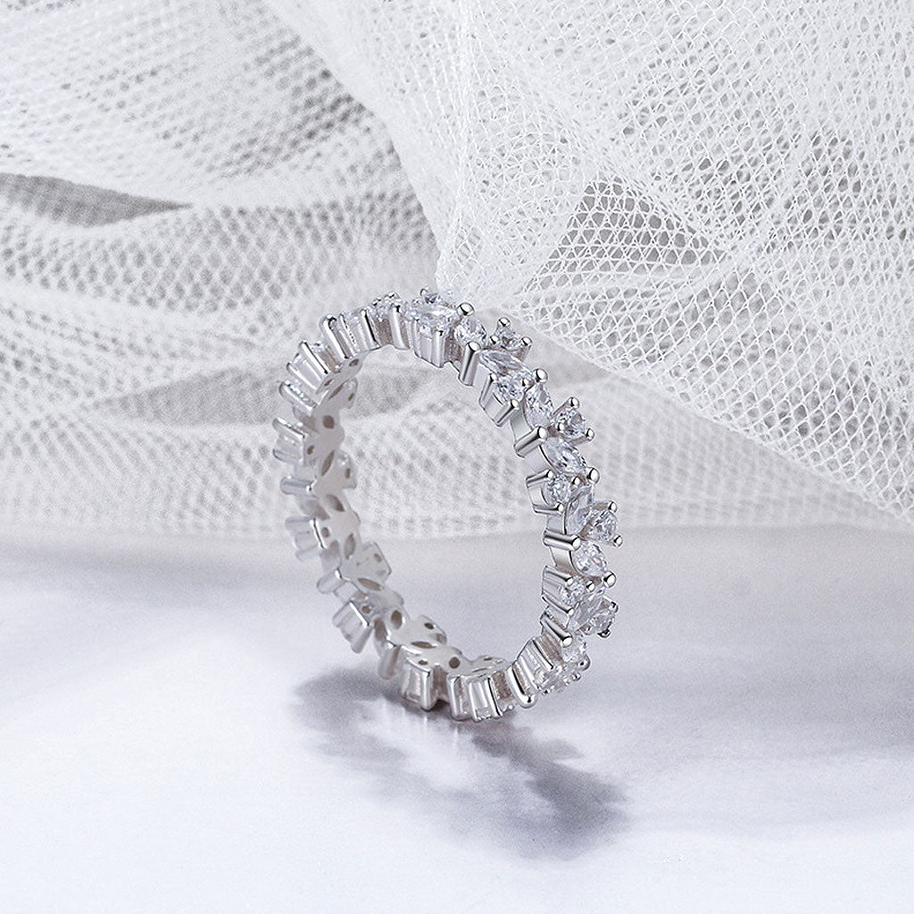 Petal Design Cubic Zirconia Rhodium Plated Sterling Silver Eternity Ring