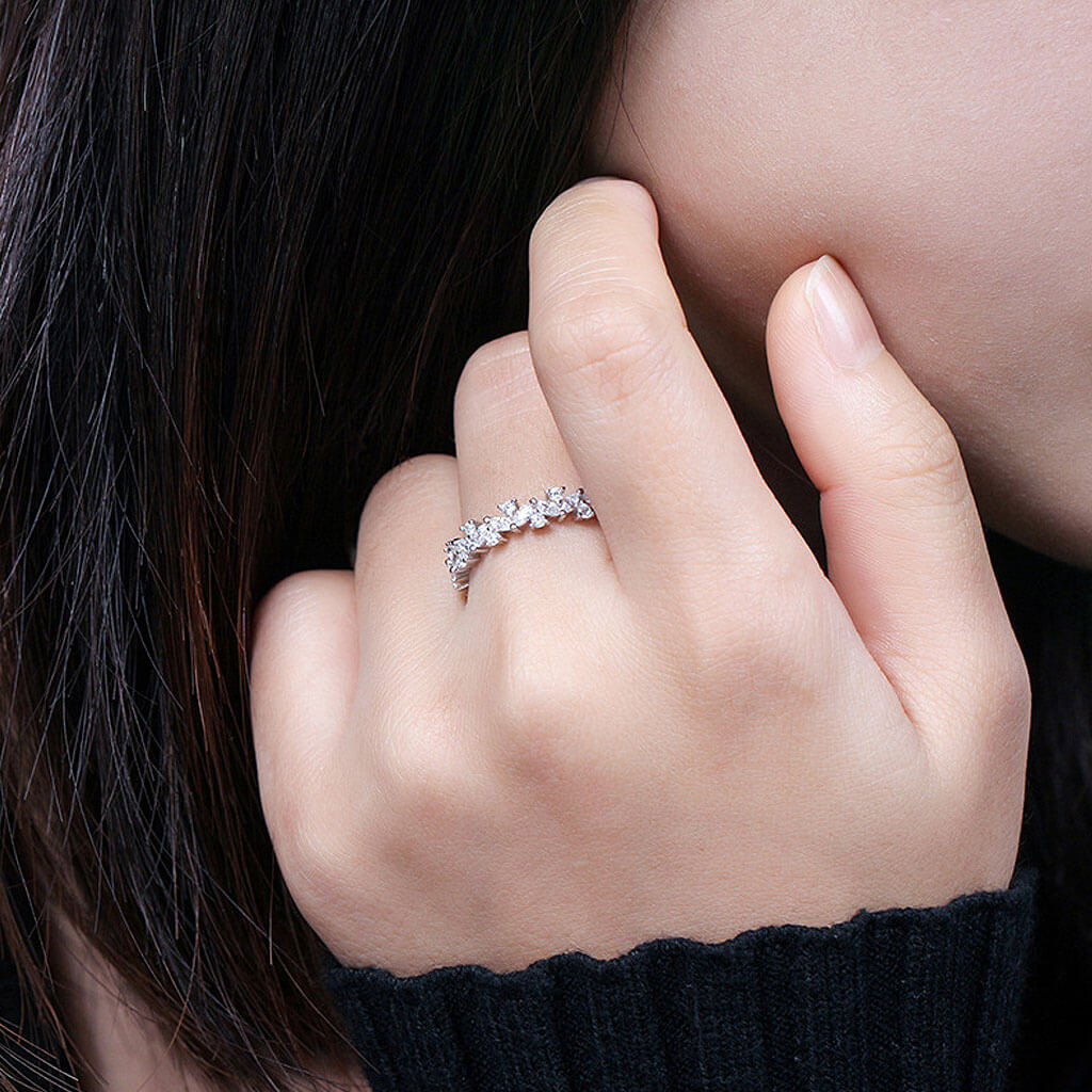 Petal Design Cubic Zirconia Rhodium Plated Sterling Silver Eternity Ring