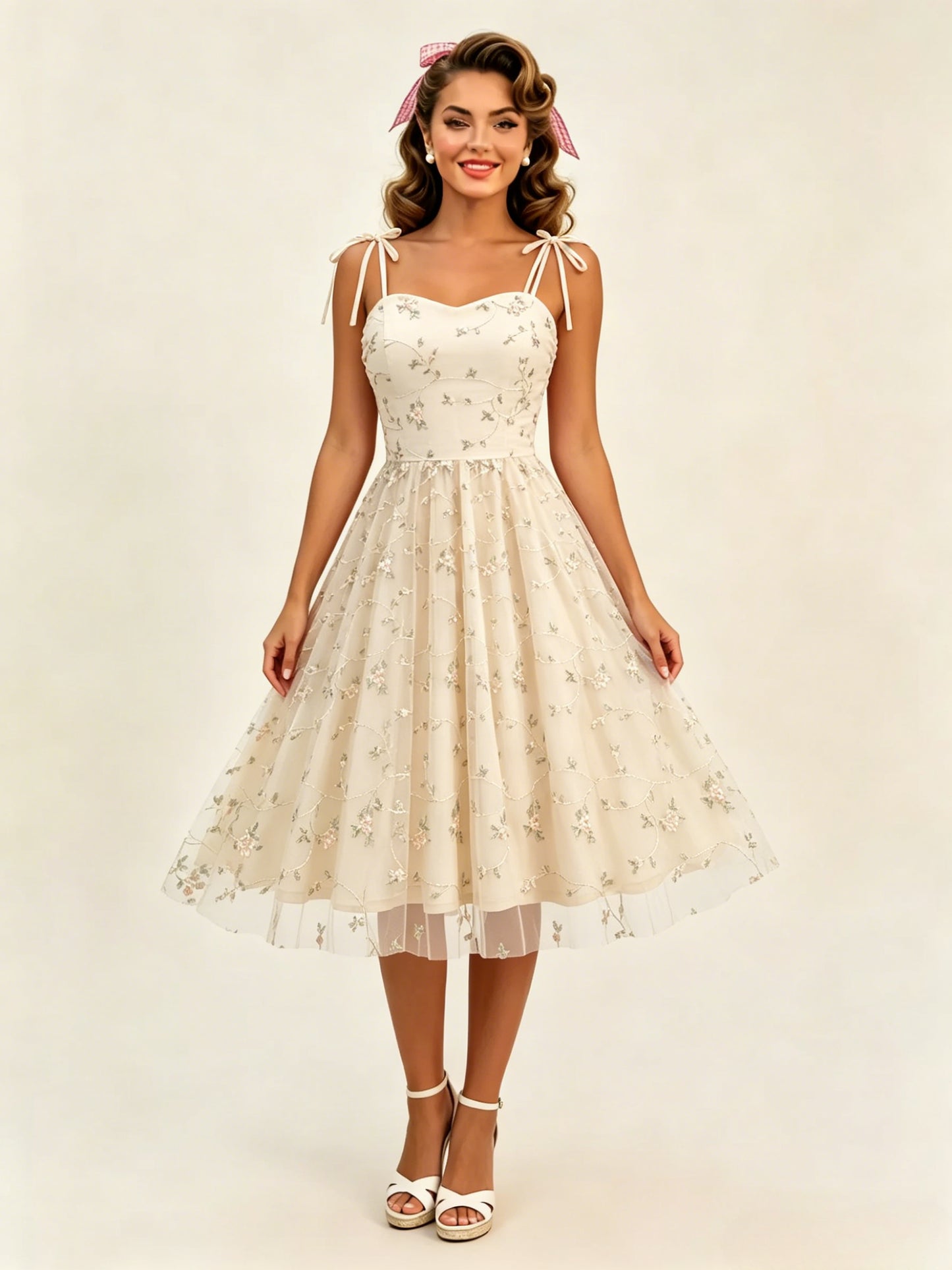 Vintage 1950s Floral Prom Dress For Women - Embroidery Mesh Tie-Shoulder A-Line Swing Midi Dress - Summer Cocktail 2026
