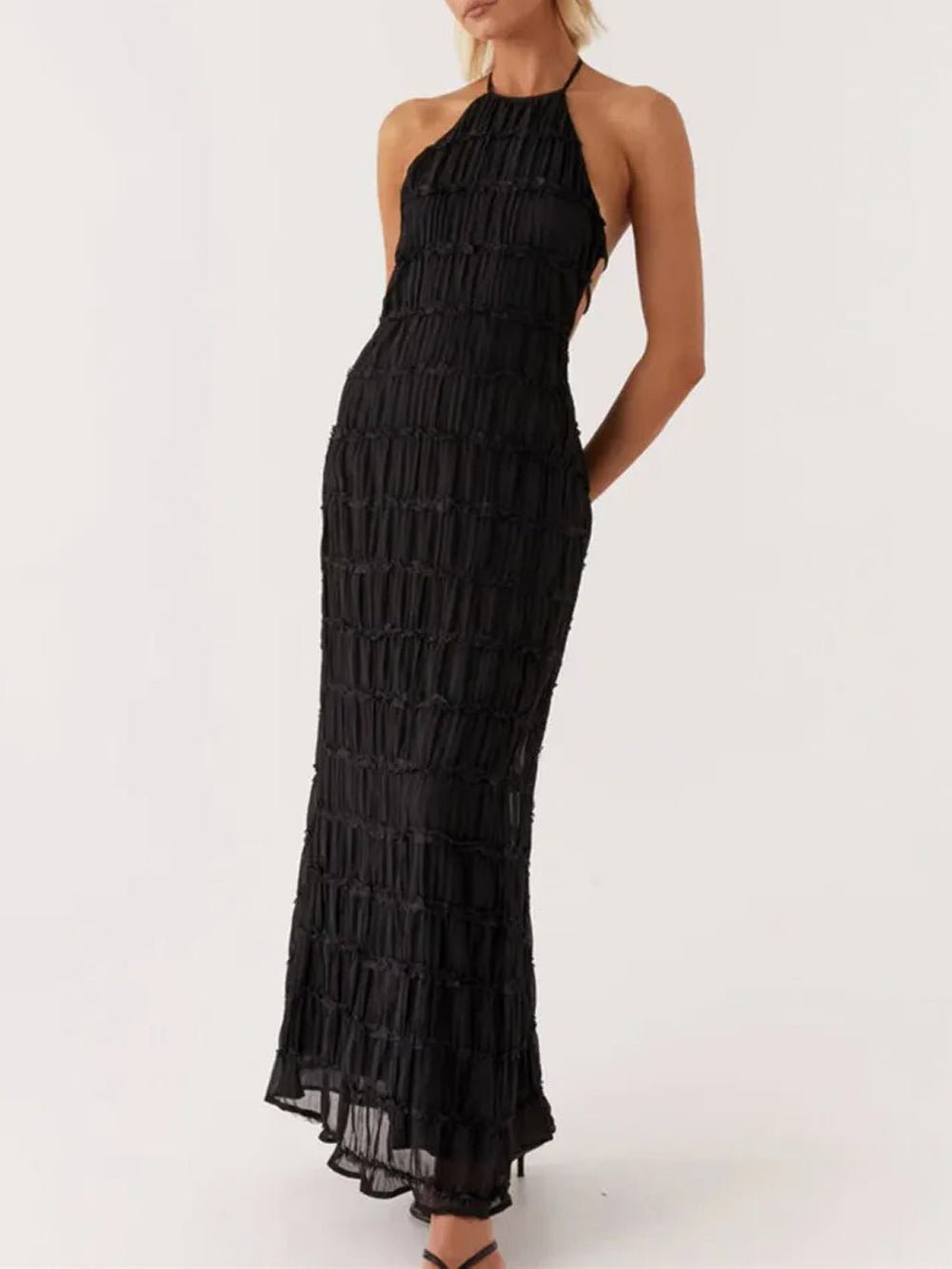 Halter Neck Shirred Pleated Texture Column Maxi Dress