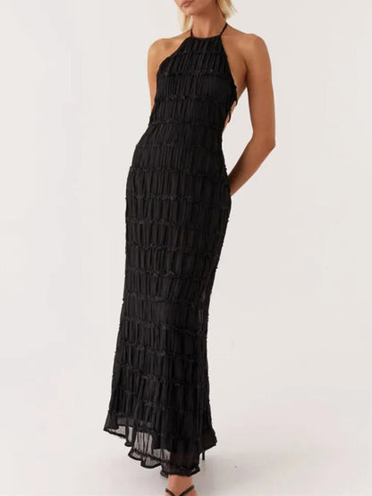 Halter Neck Shirred Pleated Texture Column Maxi Dress