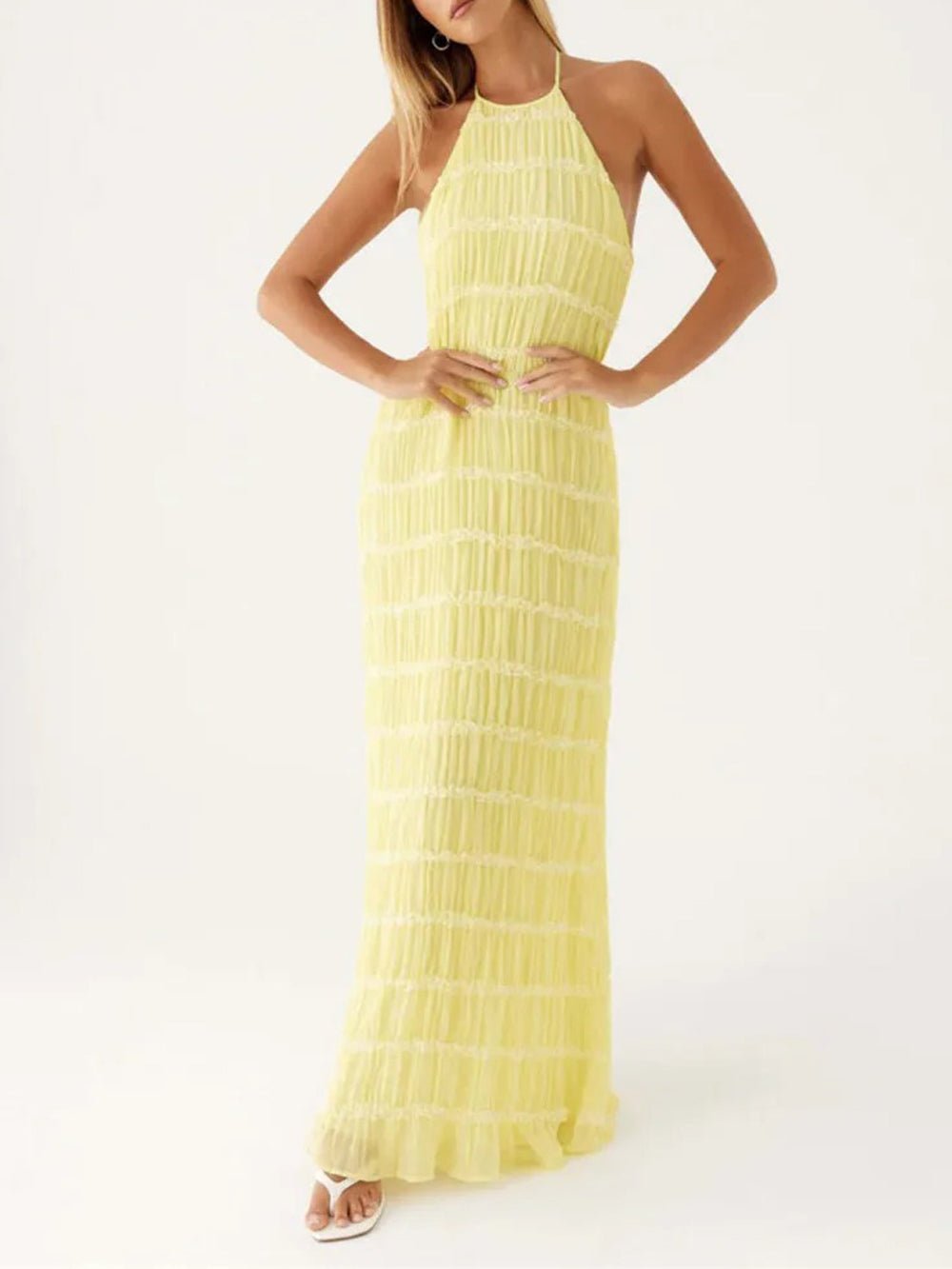 Halter Neck Shirred Pleated Texture Column Maxi Dress