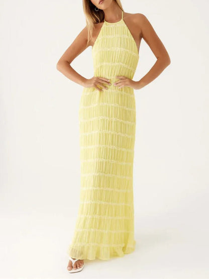 Halter Neck Shirred Pleated Texture Column Maxi Dress