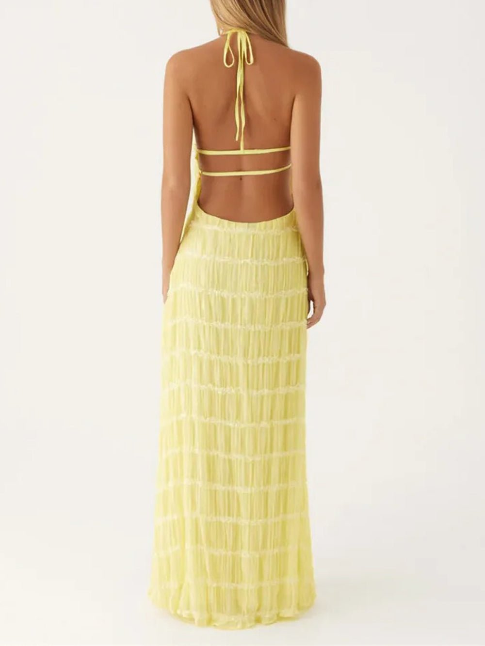Halter Neck Shirred Pleated Texture Column Maxi Dress