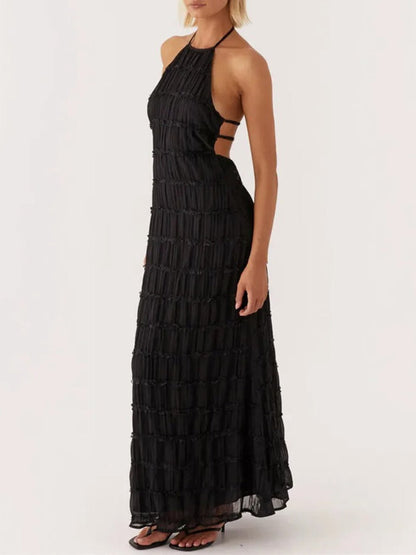 Halter Neck Shirred Pleated Texture Column Maxi Dress