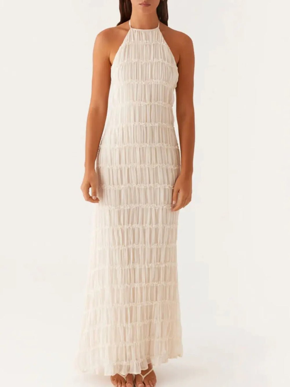 Halter Neck Shirred Pleated Texture Column Maxi Dress