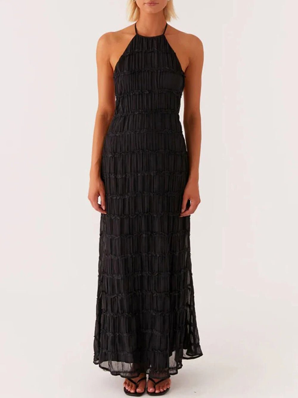 Halter Neck Shirred Pleated Texture Column Maxi Dress