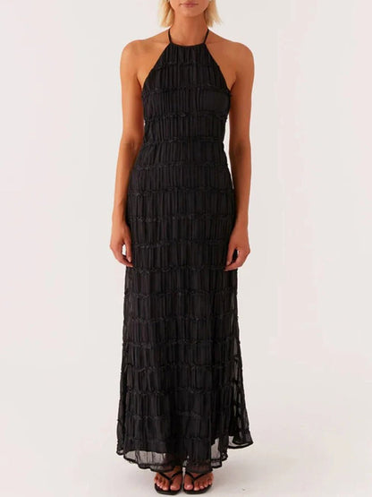Halter Neck Shirred Pleated Texture Column Maxi Dress