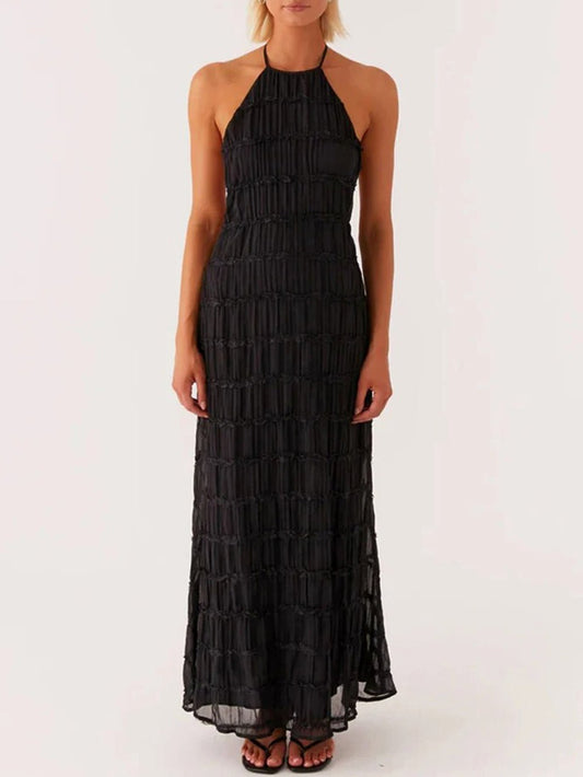 Halter Neck Shirred Pleated Texture Column Maxi Dress