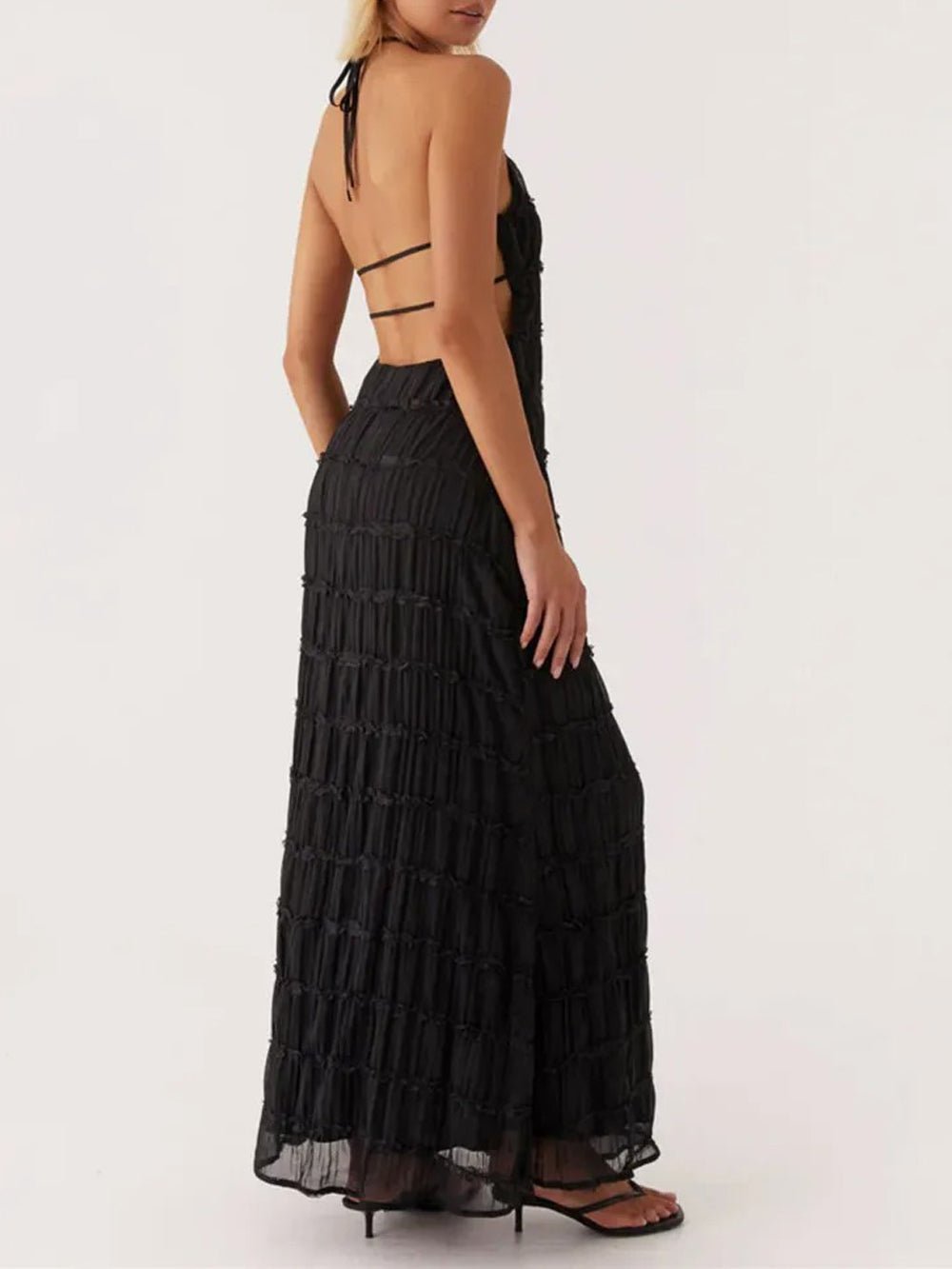 Halter Neck Shirred Pleated Texture Column Maxi Dress