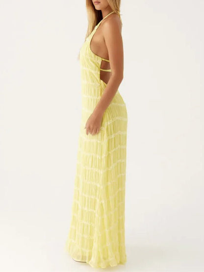 Halter Neck Shirred Pleated Texture Column Maxi Dress