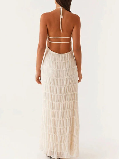 Halter Neck Shirred Pleated Texture Column Maxi Dress