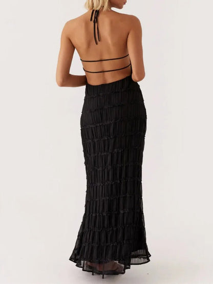 Halter Neck Shirred Pleated Texture Column Maxi Dress