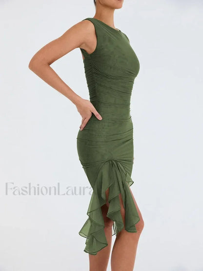 Ruched Irregular Hem Midi Dress
