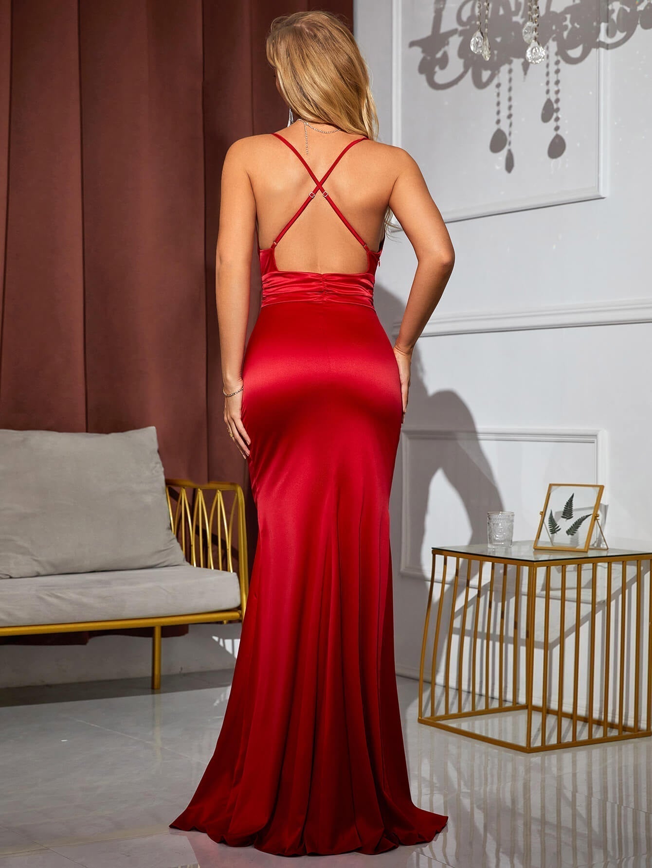 Deep V Neck Spaghetti Strap Ruched Satin Mermaid High Slit Maxi Gown