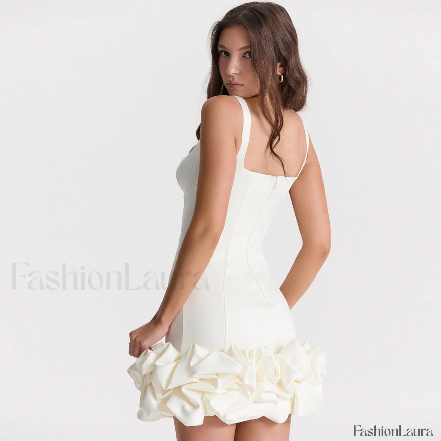 Ruffle Hem Square Neck Sleeveless Bodycon Party Mini Dress - White