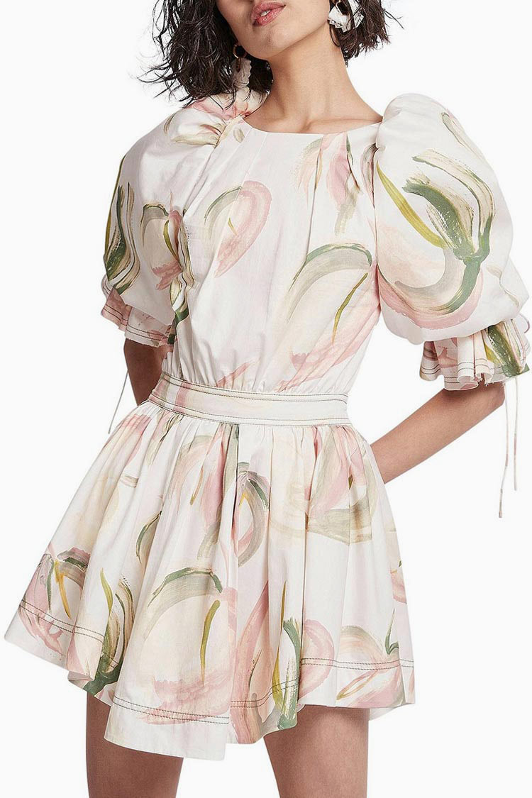 Round Neck Puff Sleeve Ruched Waistband Abstract Floral Print Mini Dress