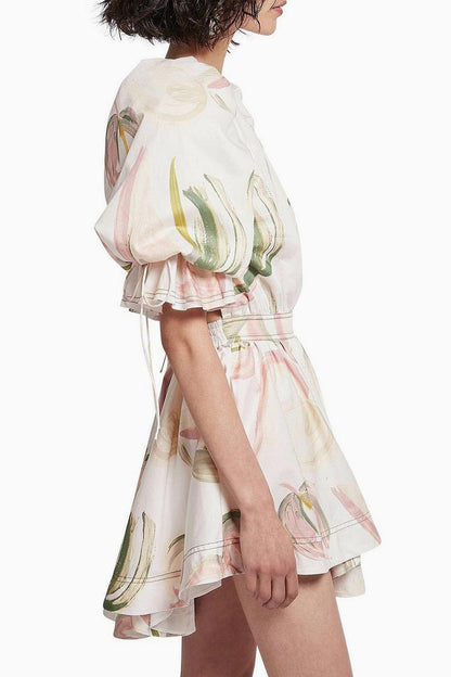 Round Neck Puff Sleeve Ruched Waistband Abstract Floral Print Mini Dress