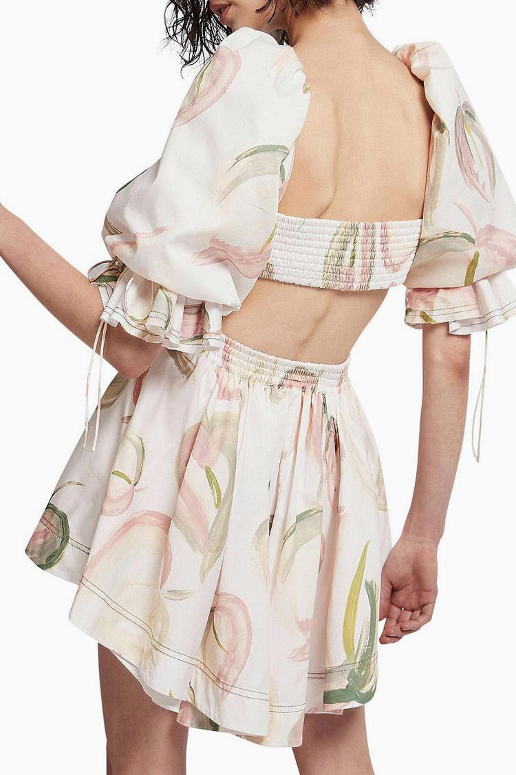 Round Neck Puff Sleeve Ruched Waistband Abstract Floral Print Mini Dress
