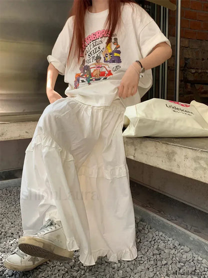 Ruffle Trim White Korean Style Elastic Waist Swing Skirt