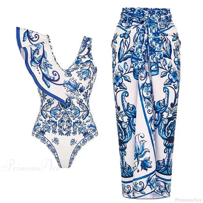 Ruffle V Neck Blue Print Two Piece Set