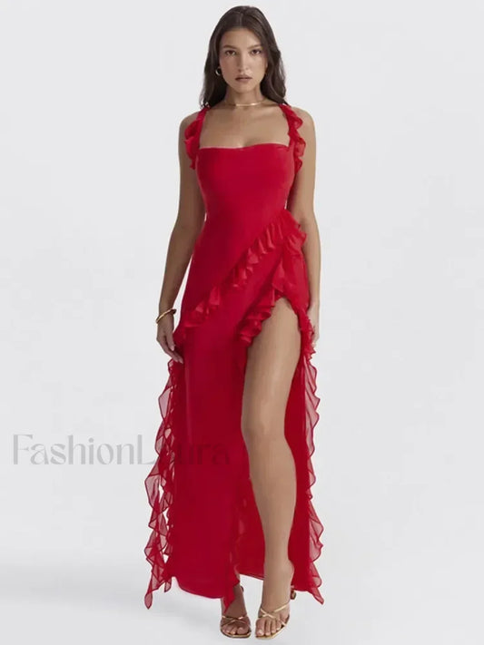 Ruffled Thigh-Split Midi Dress