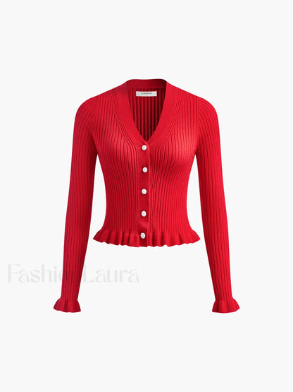 Ruffled Trim Pearl Button Long Sleeve Cardigan