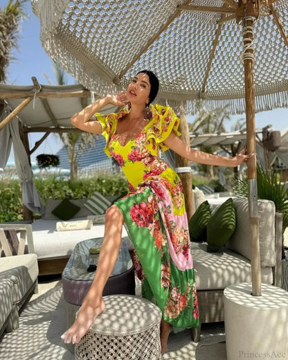 Ruffles Flower Print Skirt Two Piece Set