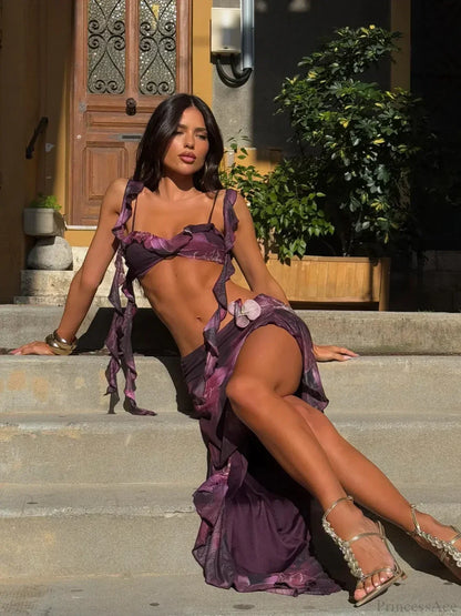 Ruffles Flower Print Three Piece Swimsuit
