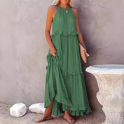 Ruffles Sexy Split Halter Sleeveless Big Hem Maxi Boho Dress