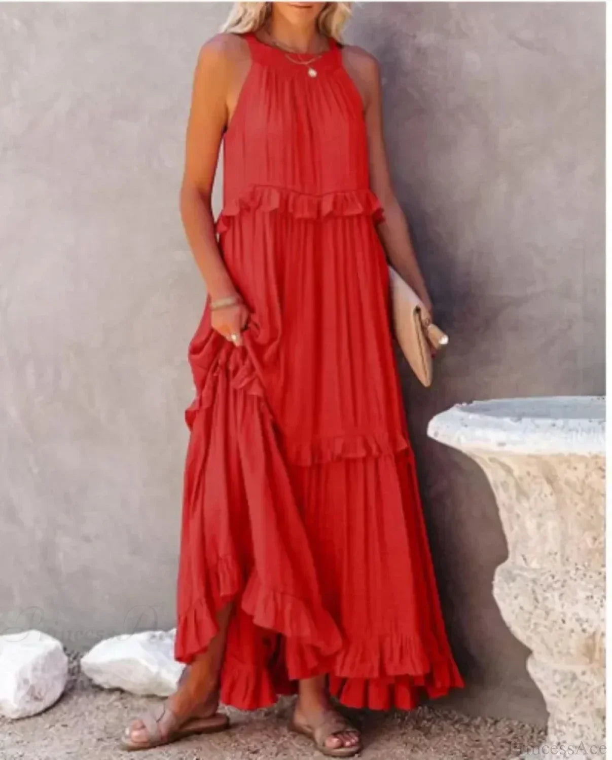 Ruffles Sexy Split Halter Sleeveless Big Hem Maxi Boho Dress