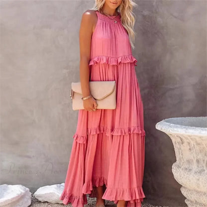 Ruffles Sexy Split Halter Sleeveless Big Hem Maxi Boho Dress
