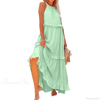Ruffles Sexy Split Halter Sleeveless Big Hem Maxi Boho Dress