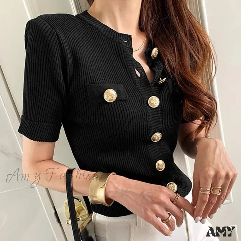 Runway Chic Elegant O-neck Big Button Slim Short Knitting Sweater