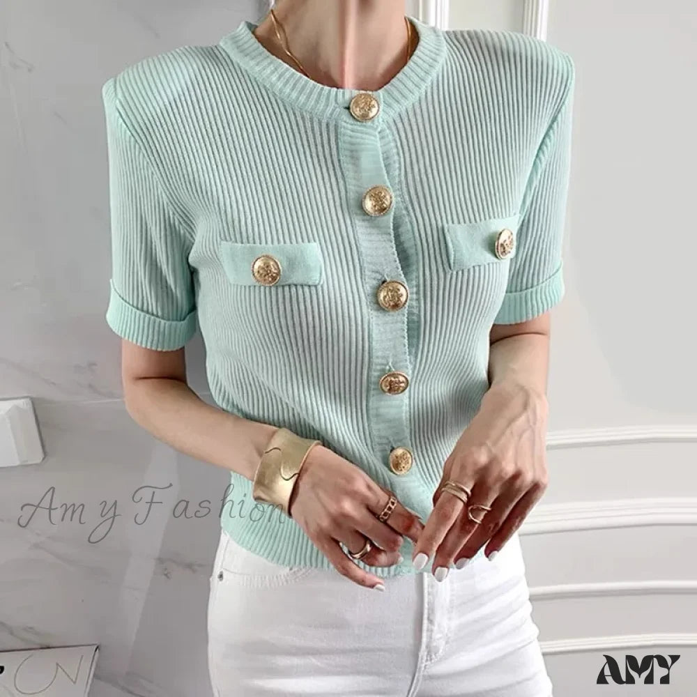 Runway Chic Elegant O-neck Big Button Slim Short Knitting Sweater
