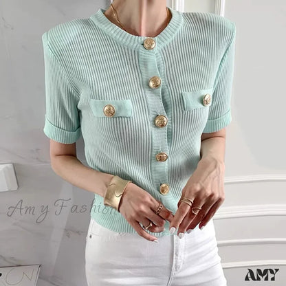 Runway Chic Elegant O-neck Big Button Slim Short Knitting Sweater